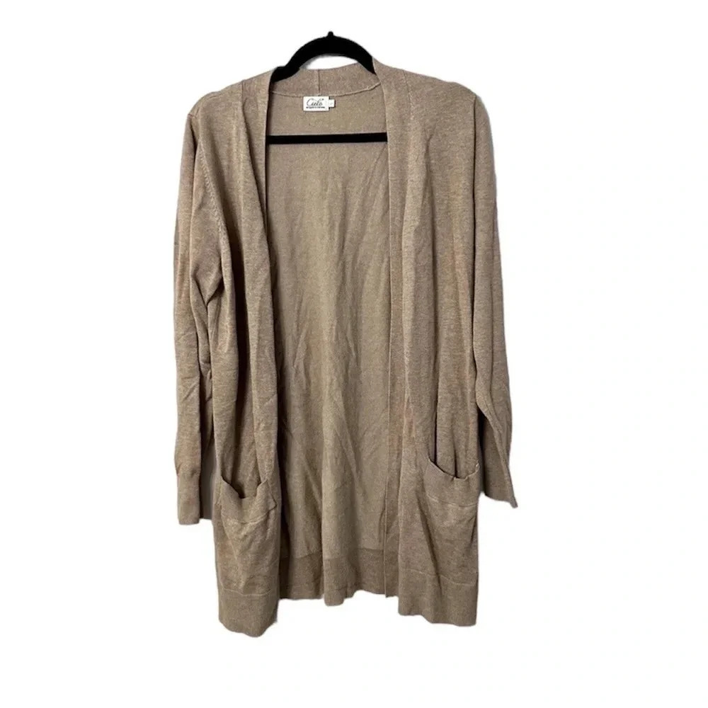 Cielo Women's Long Sleeve Tan Open-Front Long Boyfriend Cardigan Size L GUC